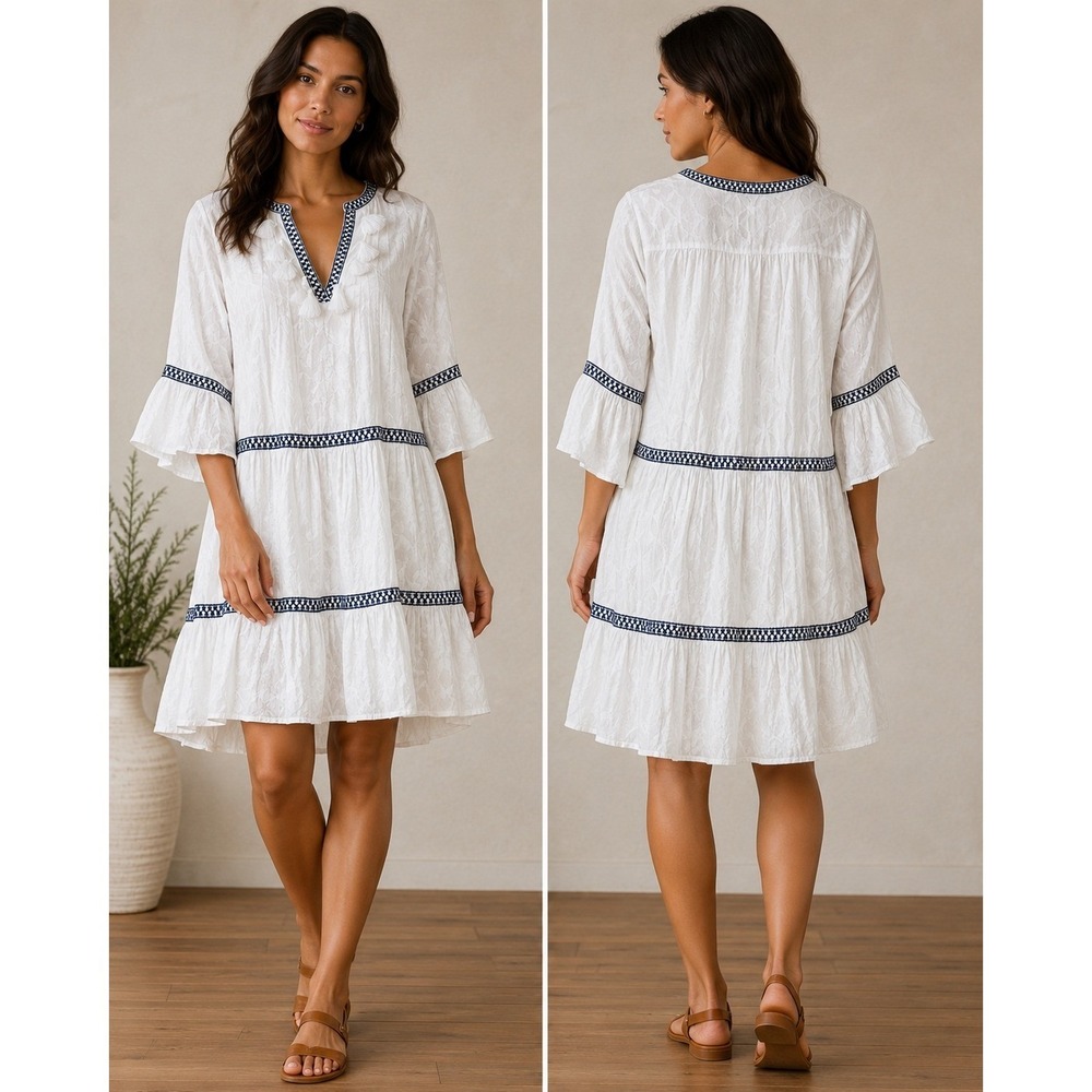 Tommy Bahama Womens White Cotton Embroidered Tiered Tassel Mini Dress S SS500113